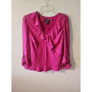 Vtg Lauren Ralph Lauren Sheer Silk Ruffle Top Blouse Size Large Pink Fuscia